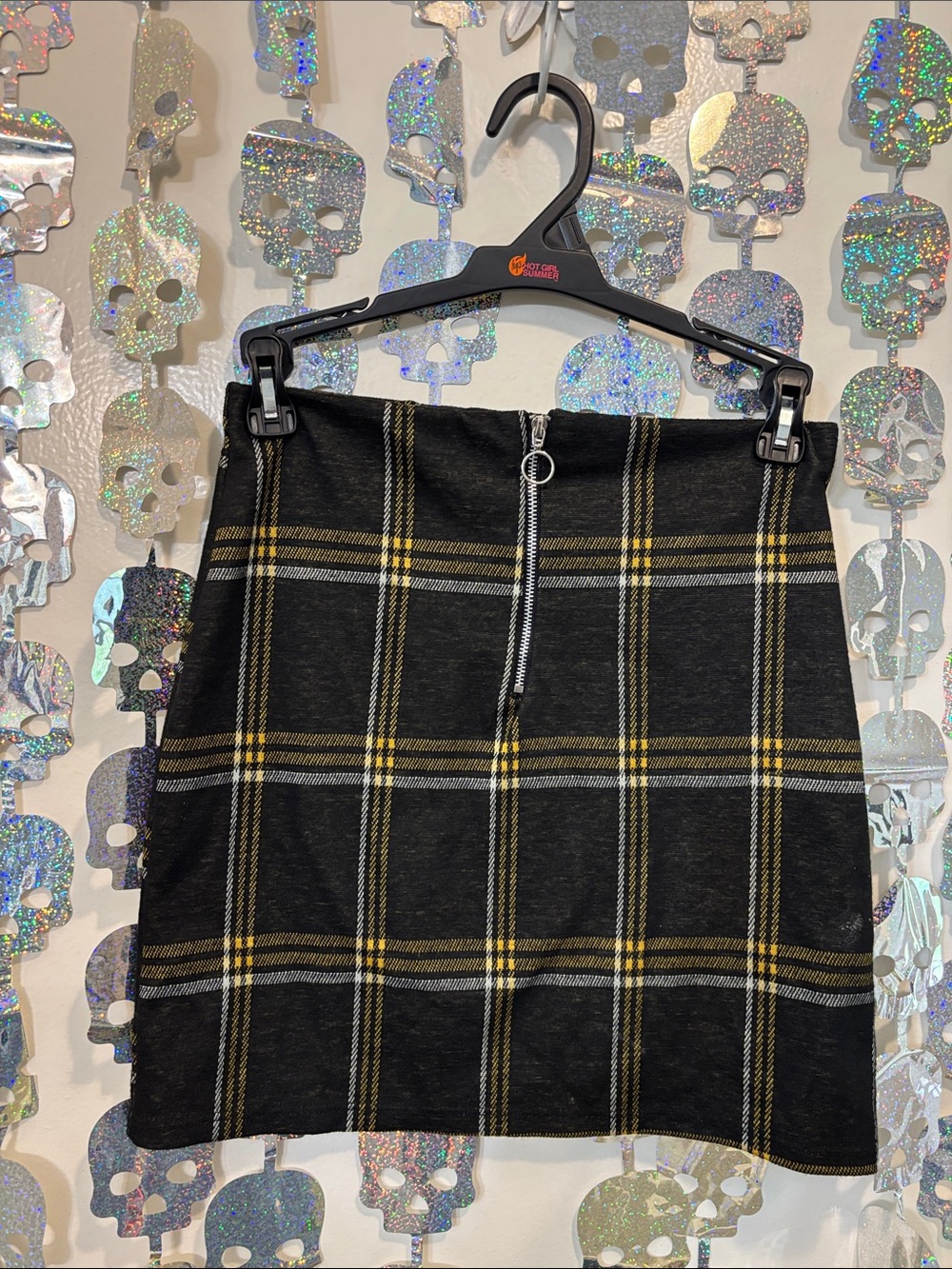 Black Plaid Midi Skirt with Yellow Stripe and Front Zip